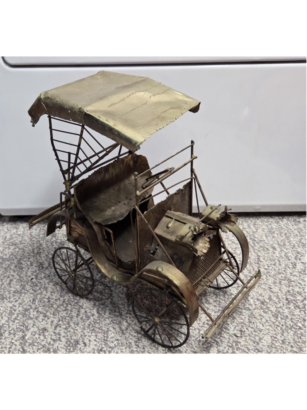 Vintage 1975 Brass Carriage Sculpture • Steampunk Patina Rustic Metal Sculpture